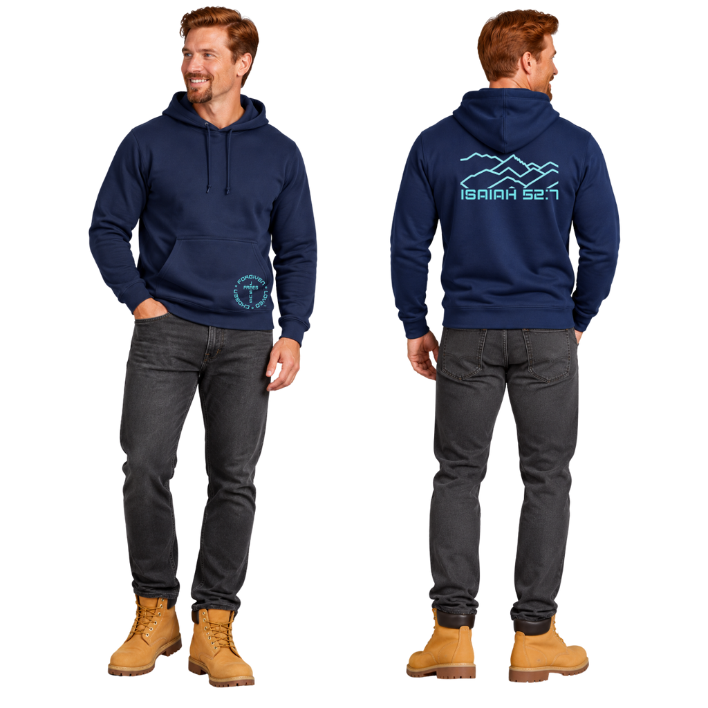 Jesus Frees™ Apparel | Men’s Navy Scripture Hoodie | Montana Bridger Mountains | 50/50