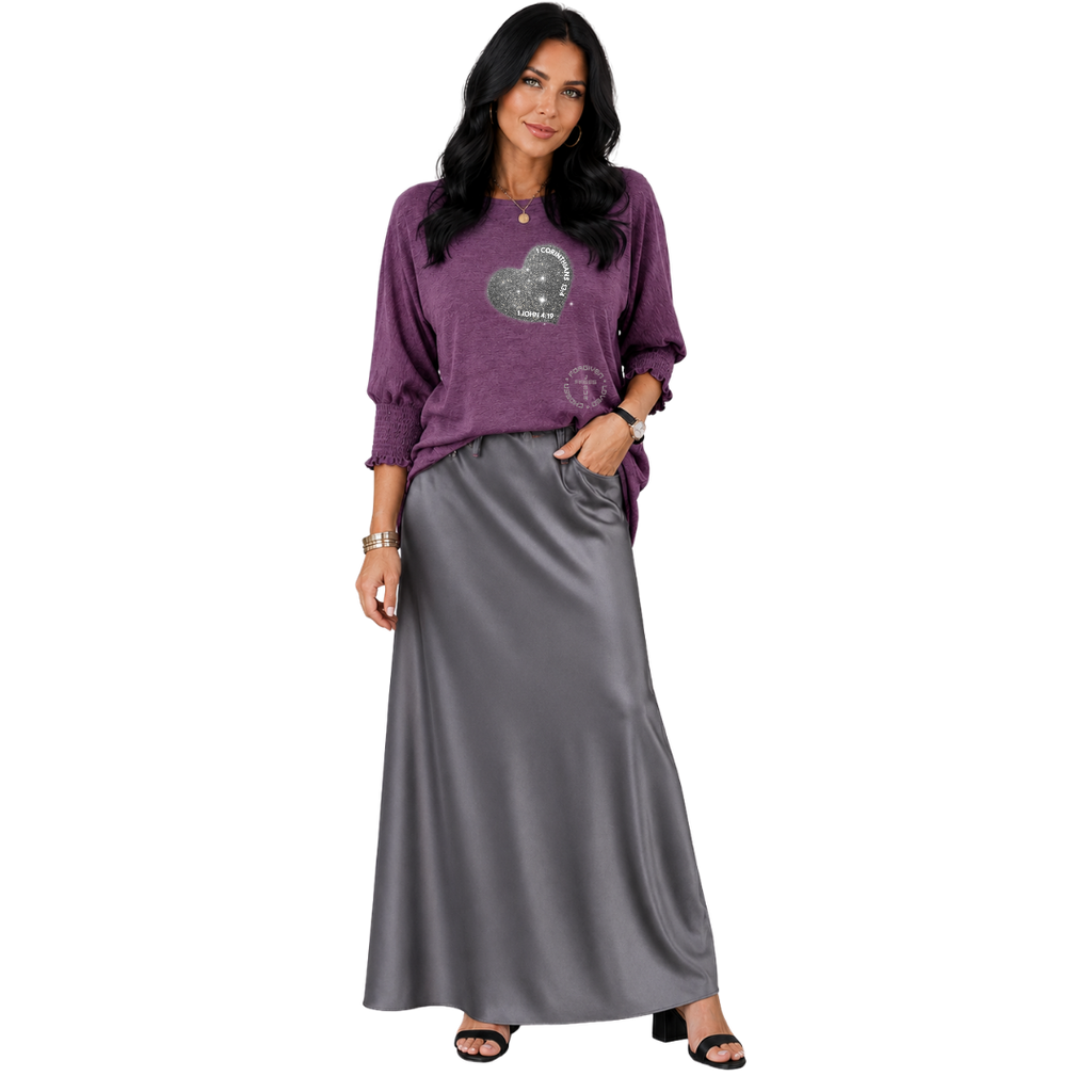 Jesus Frees - DK Women's Boat Neckline 3/4 Elastic Cuff - Hearts - Tillandsia Purple