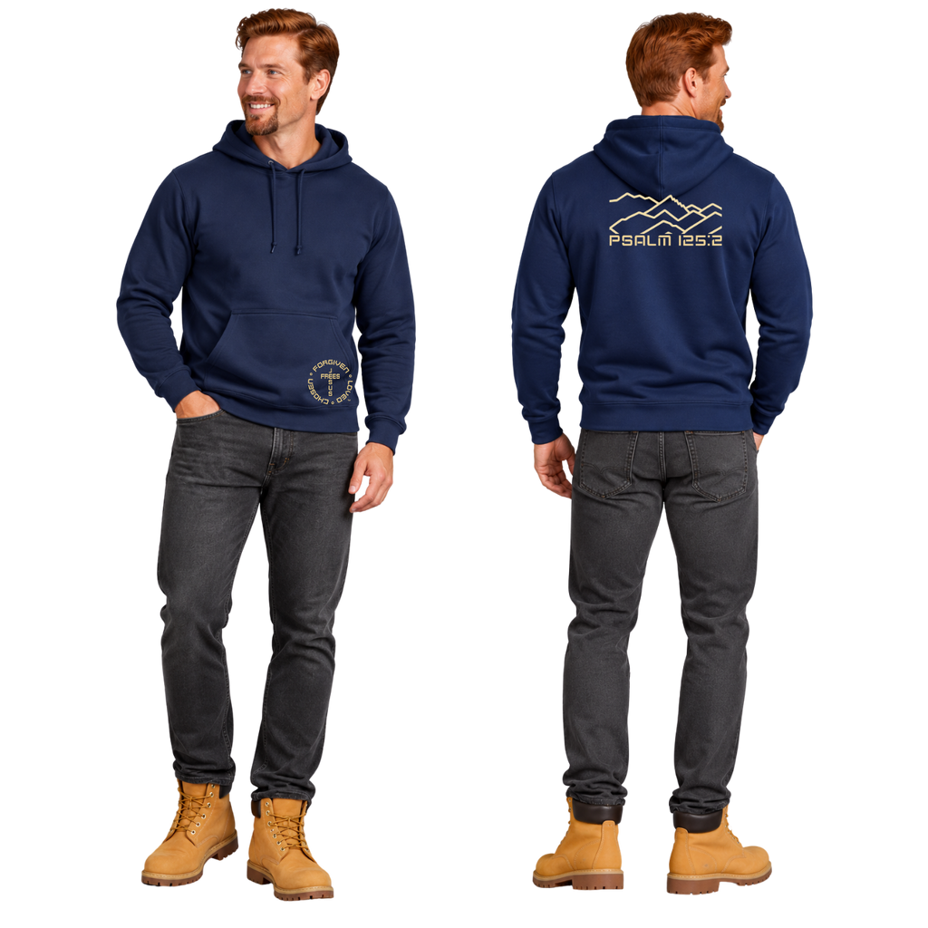 Jesus Frees™ Apparel | Men’s Navy Scripture Hoodie | Montana Bridger Mountains | 50/50