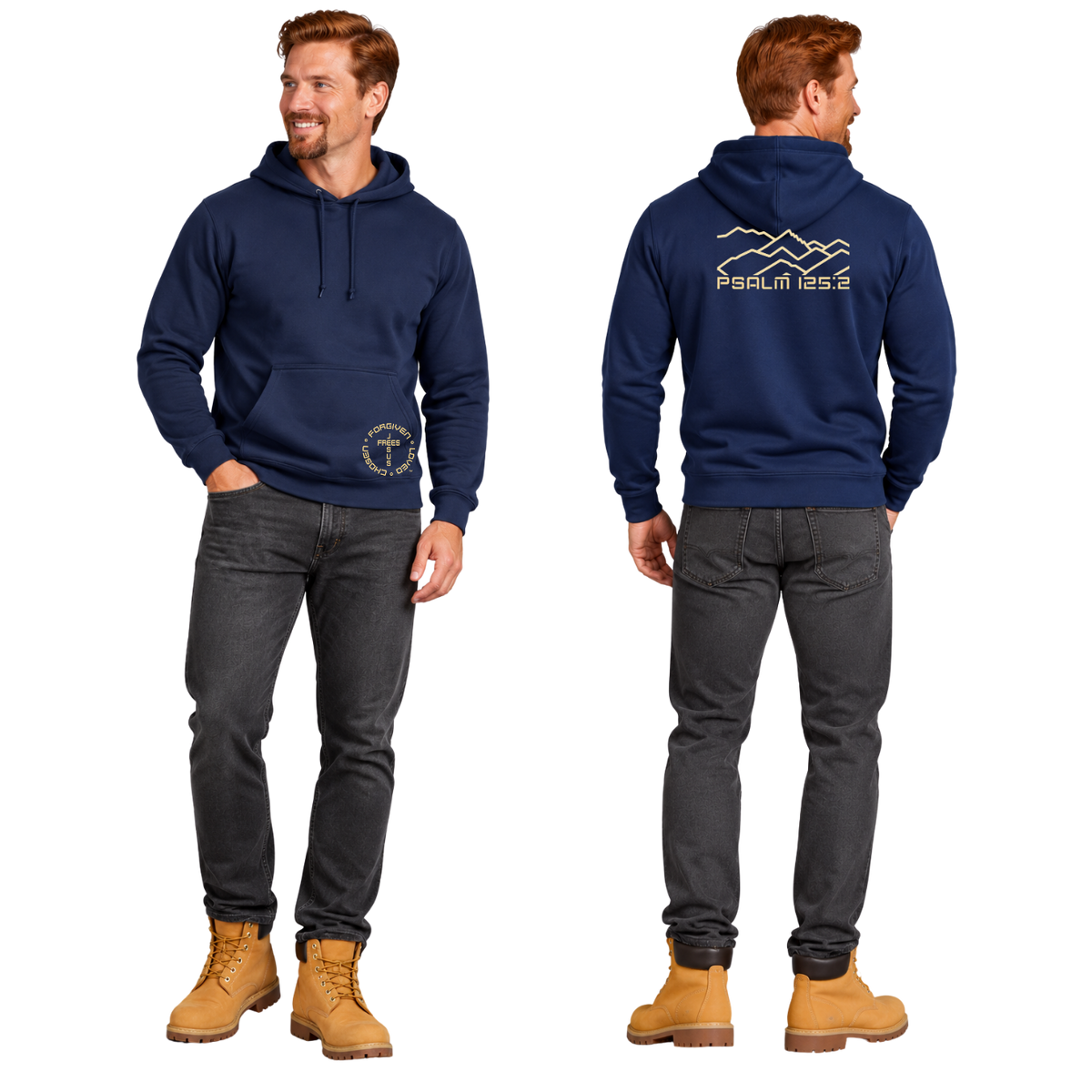 Jesus Frees™ Apparel | Men’s Navy Scripture Hoodie | Montana Bridger Mountains | 50/50