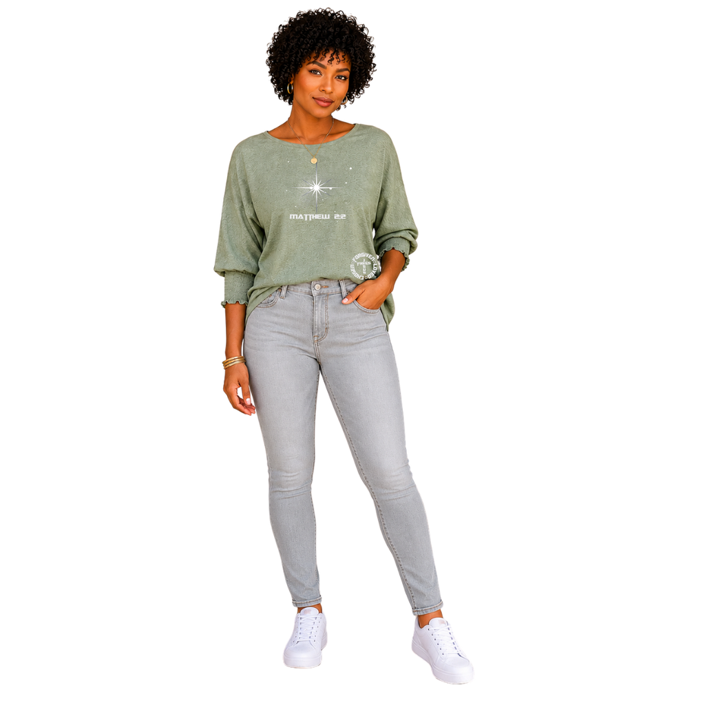 Jesus Frees - DK Women's Boat Neckline 3/4 Elastic Cuff - 153 Star of Bethlehem - Pastel Green