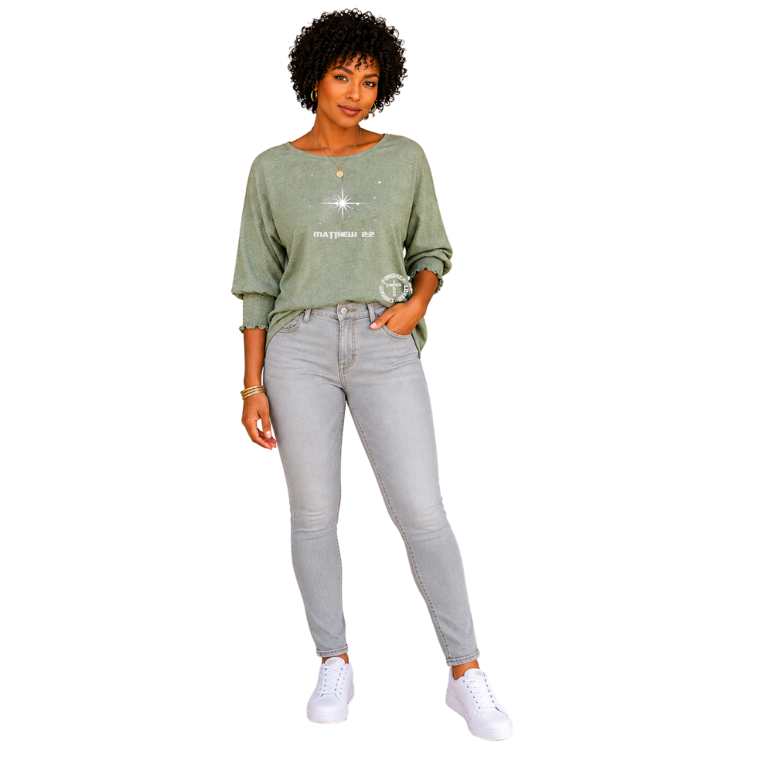 Jesus Frees - DK Women's Boat Neckline 3/4 Elastic Cuff - 153 Star of Bethlehem - Pastel Green