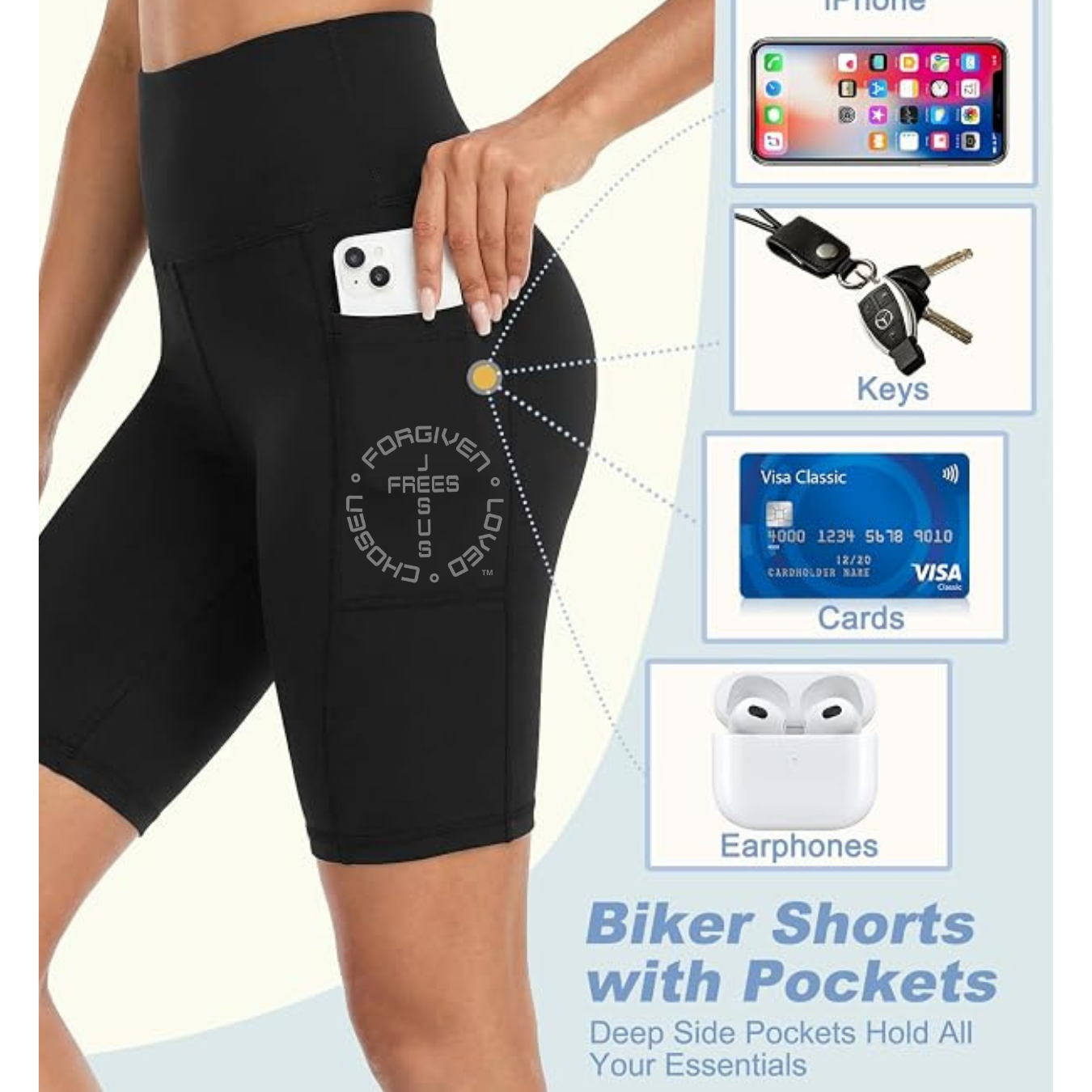 Jesus Frees - Women's 8" High Waisted Biker Shorts with Pockets - Font 49 Fade