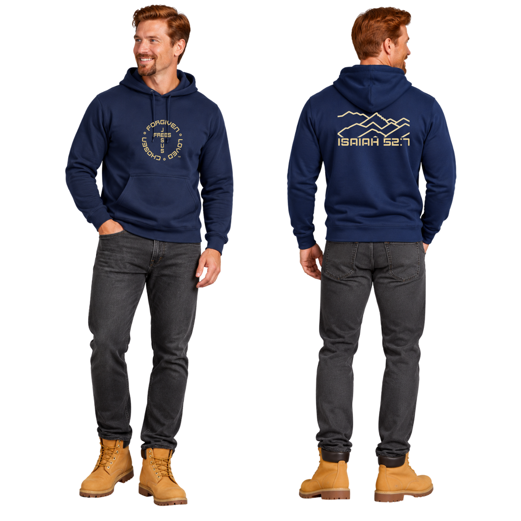 Jesus Frees™ Apparel | Men’s Navy Scripture Hoodie | Montana Bridger Mountains | 50/50