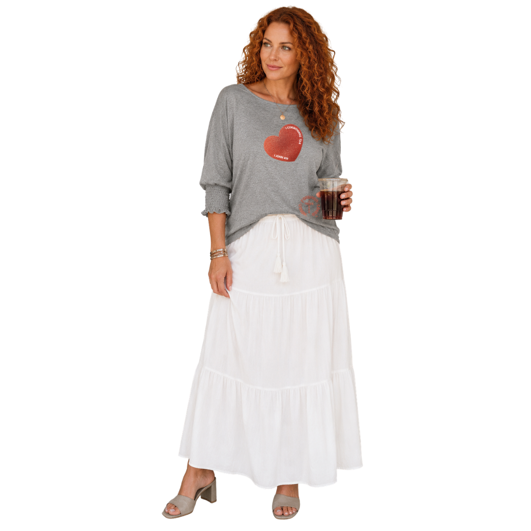 Jesus Frees - DK Women's Boat Neckline 3/4 Elastic Cuff - Hearts - Light Gray
