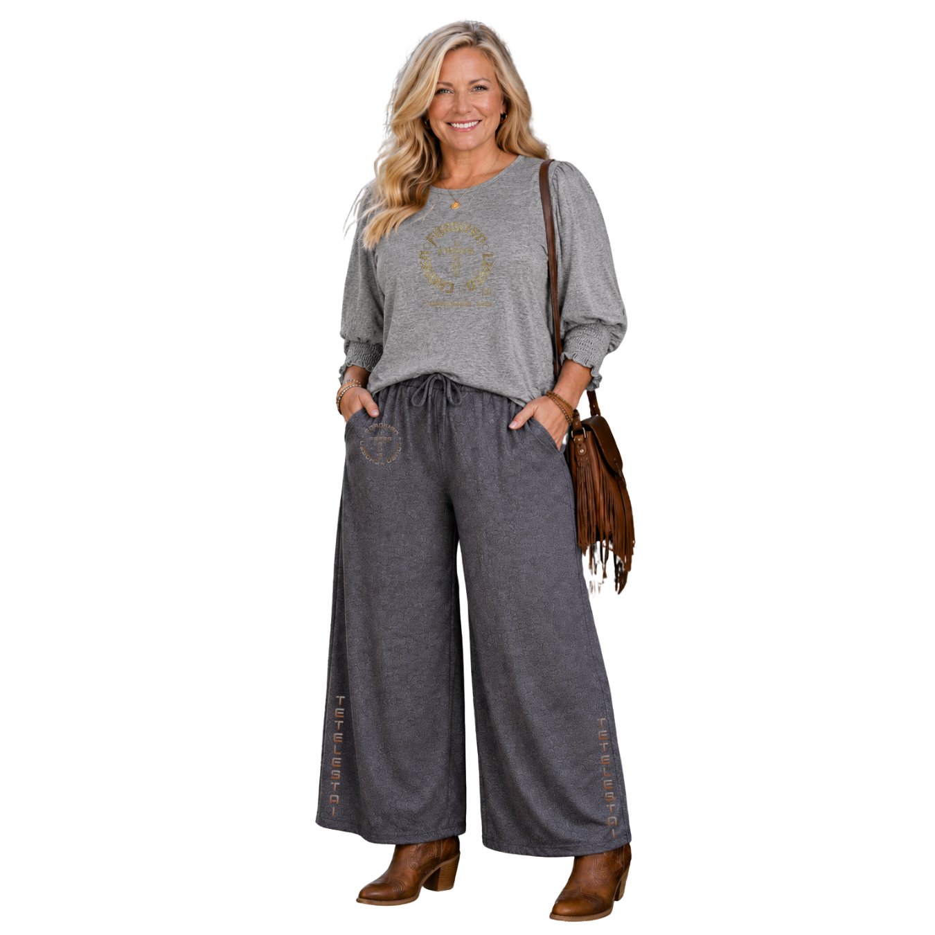 Jesus Frees - DK Women's Boat Neckline 3/4 Elastic Cuff - 153 Gold - Light Gray