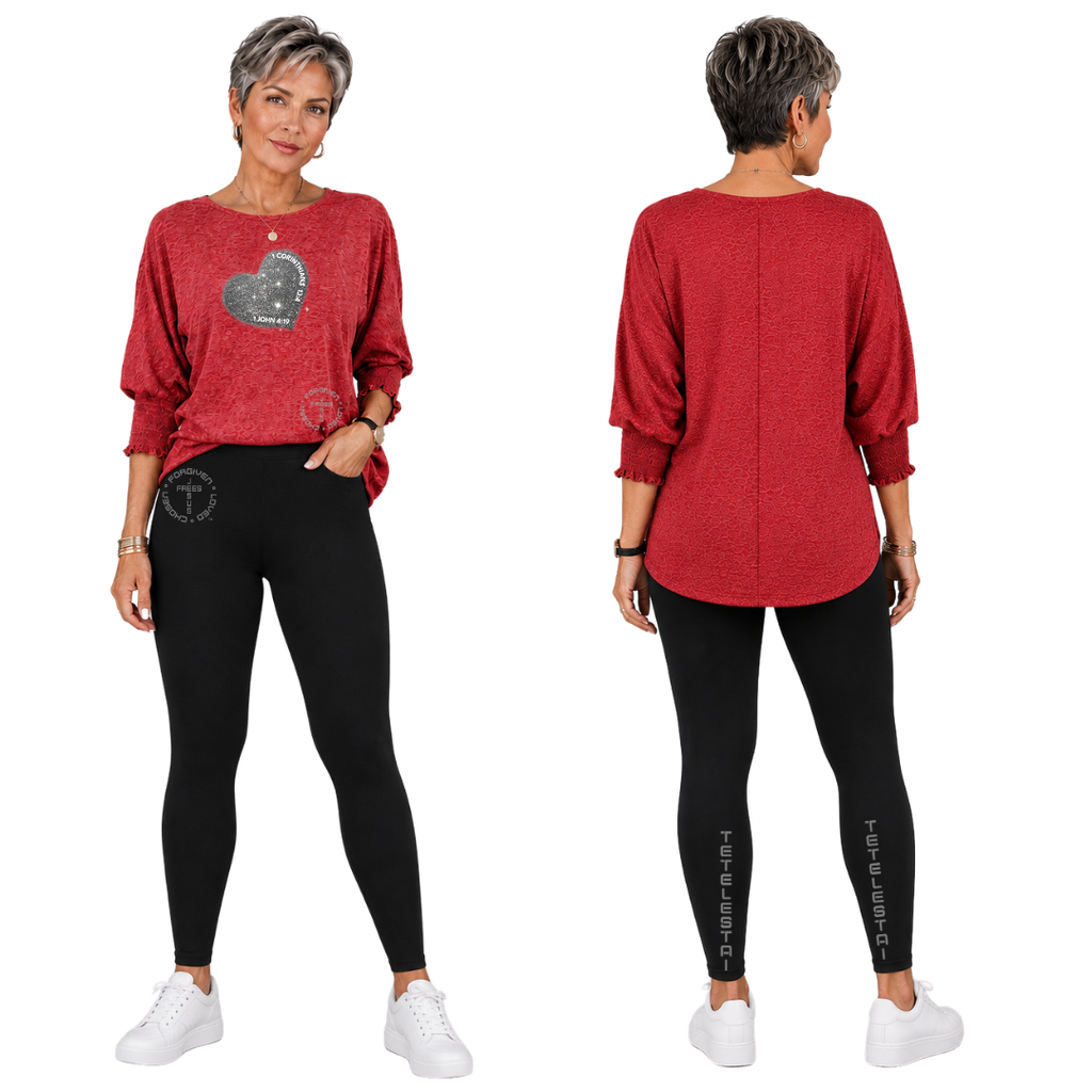 Jesus Frees - DK Women's Boat Neckline 3/4 Elastic Cuff - Hearts - Racing Red