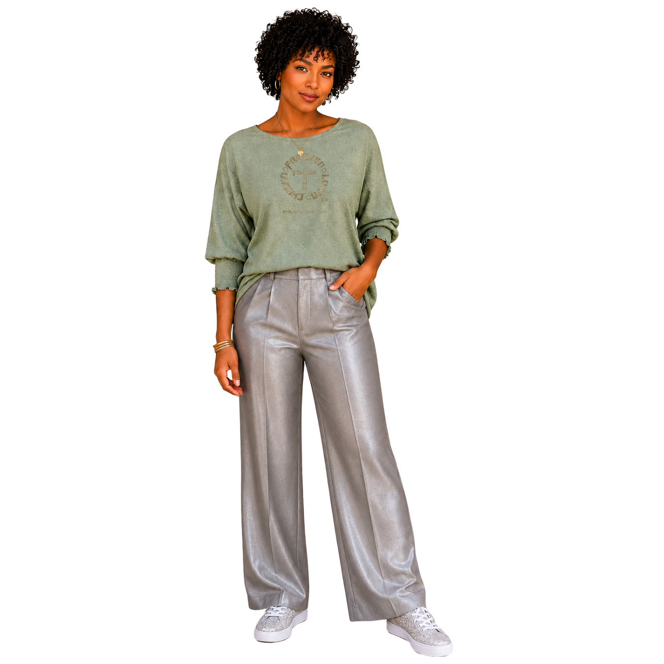 Jesus Frees - DK Women's Boat Neckline 3/4 Elastic Cuff - 153 Gold - Pastel Green