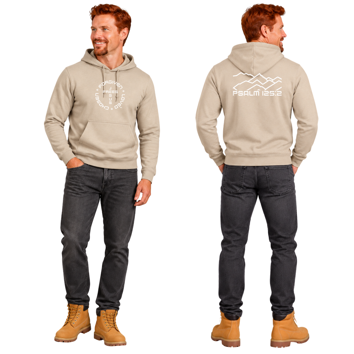 Jesus Frees™ Apparel | Men’s Sand Scripture Hoodie | Montana Bridger Mountains | 50/50