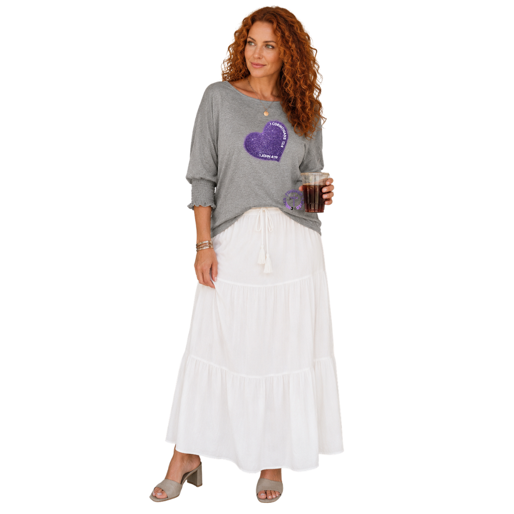 Jesus Frees - DK Women's Boat Neckline 3/4 Elastic Cuff - Hearts - Light Gray