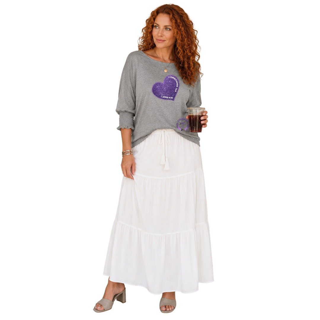 Jesus Frees - DK Women's Boat Neckline 3/4 Elastic Cuff - Hearts - Light Gray