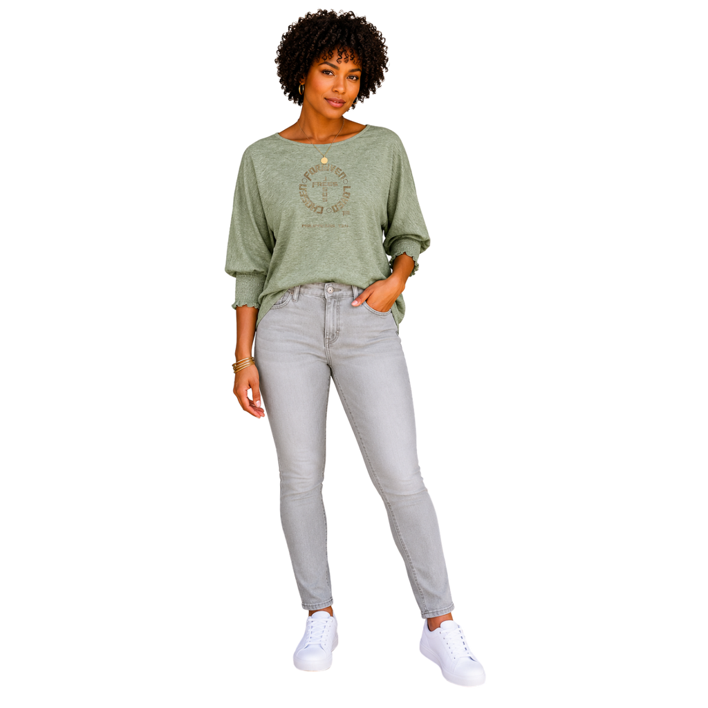 Jesus Frees - DK Women's Boat Neckline 3/4 Elastic Cuff - 153 Gold - Pastel Green