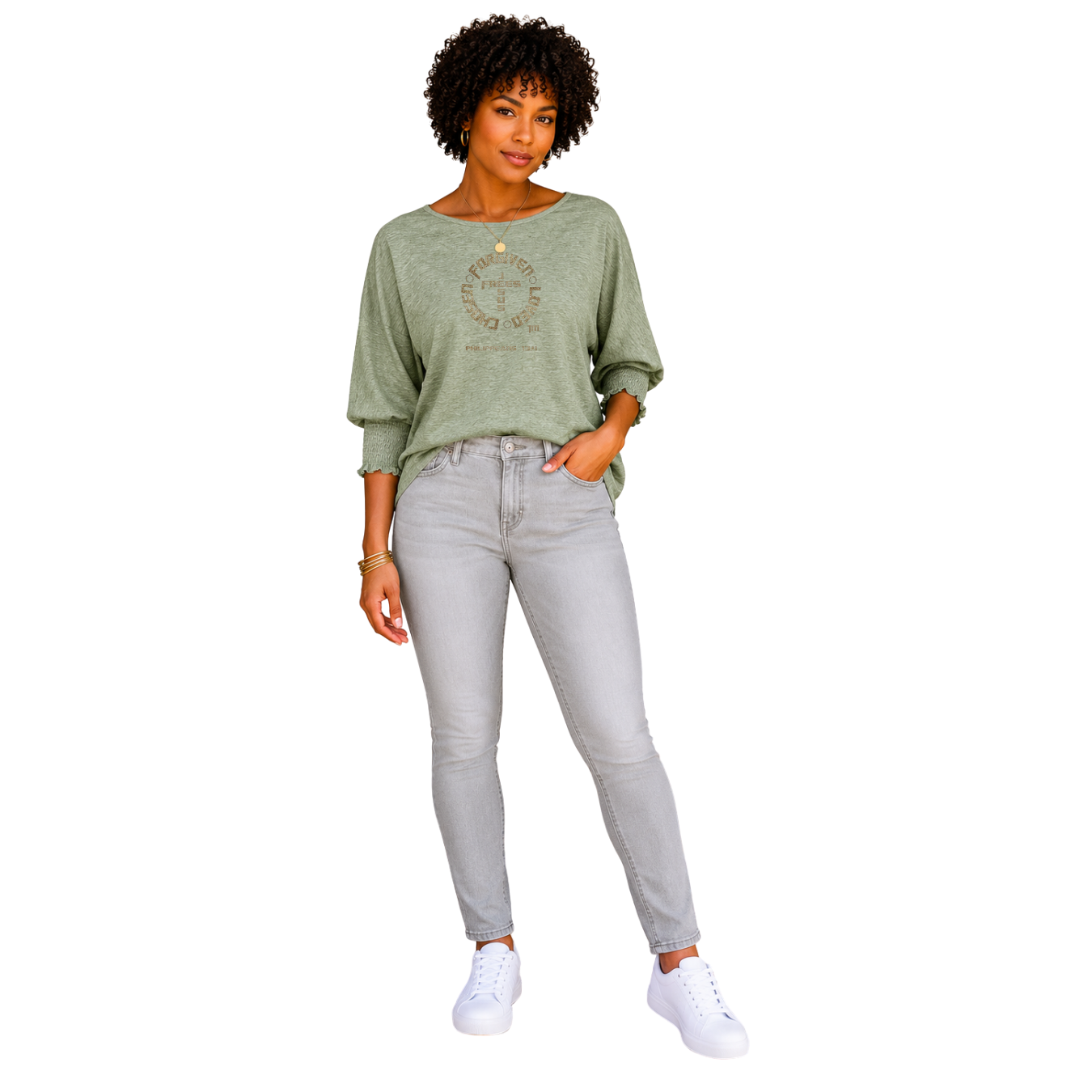 Jesus Frees - DK Women's Boat Neckline 3/4 Elastic Cuff - 153 Gold - Pastel Green
