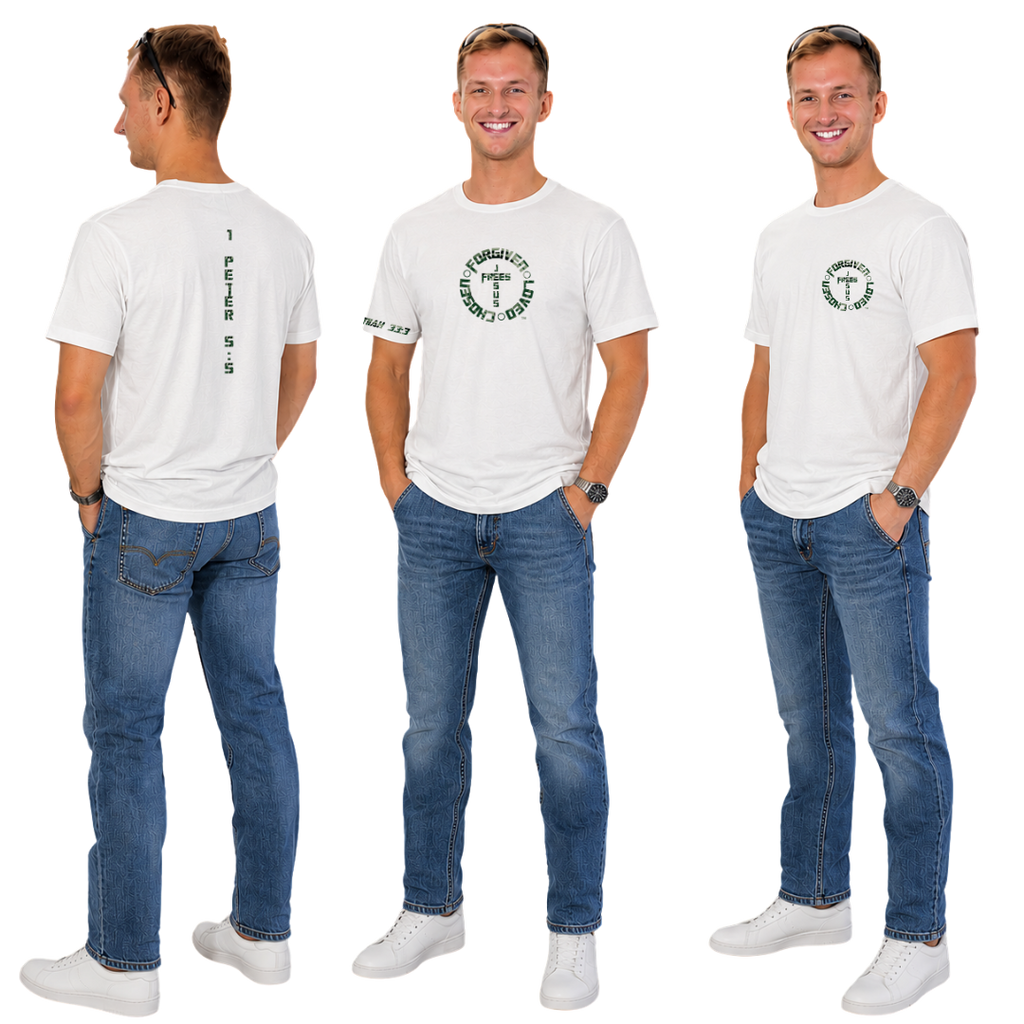 Jesus Frees - KD Men's White Premium T-Shirt - Font 153 Green Camo