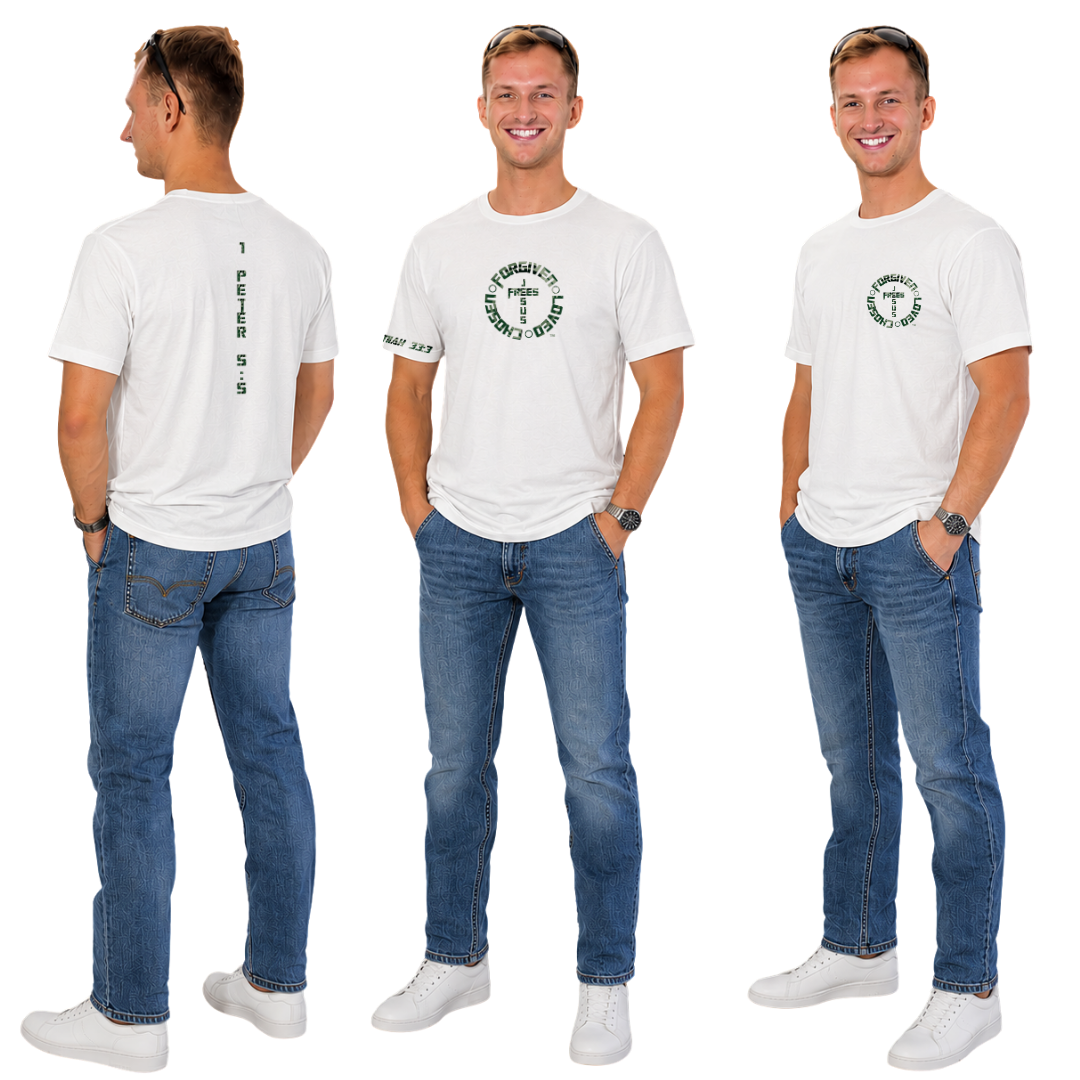 Jesus Frees - KD Men's White Premium T-Shirt - Font 153 Green Camo