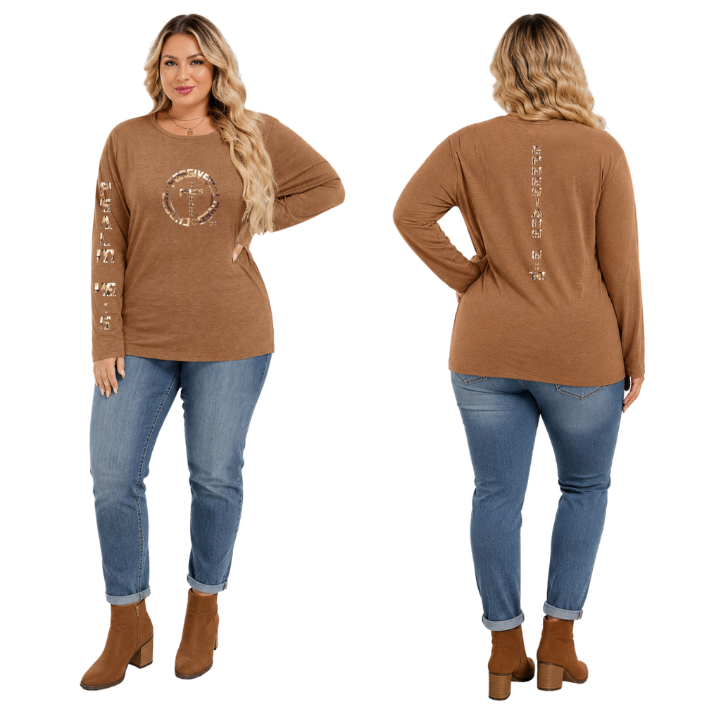Jesus Frees - Joell Women's Long Sleeve Coffee Heather Crew Neck Shirt - 153 Sand Camo