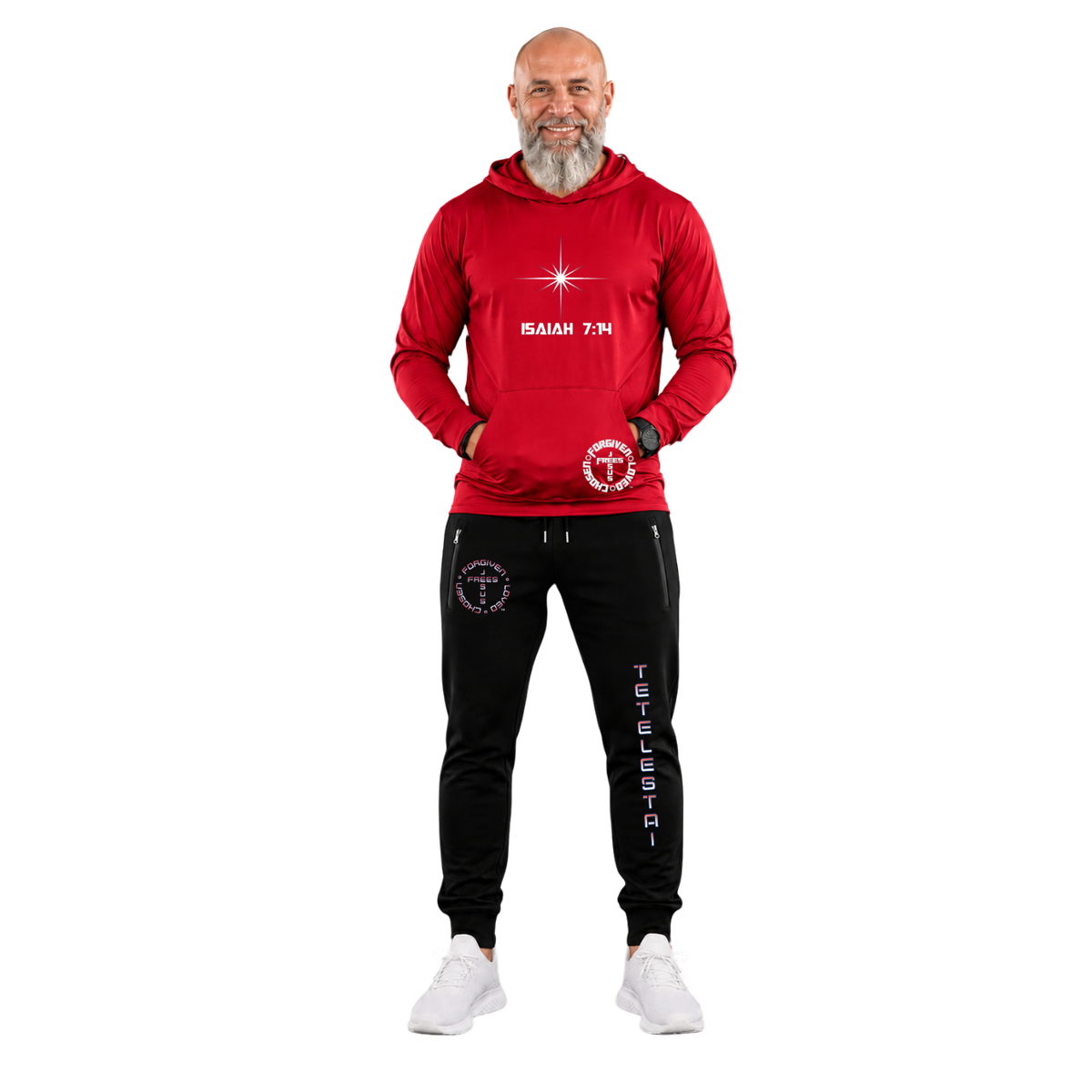 Jesus Frees™ Apparel | Men's Red Christmas Scripture Mesh Hoodie | White Font 153 | AE