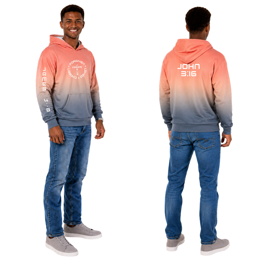 Jesus Frees | Men's Gray Orange Ombre Hoodie | Font 49 White