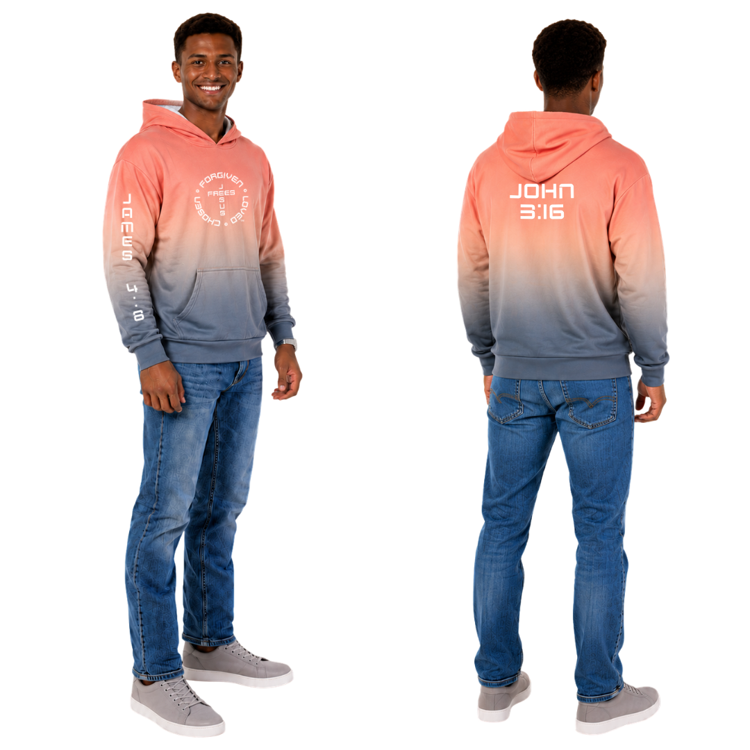 Jesus Frees | Men's Gray Orange Ombre Hoodie | Font 49 White
