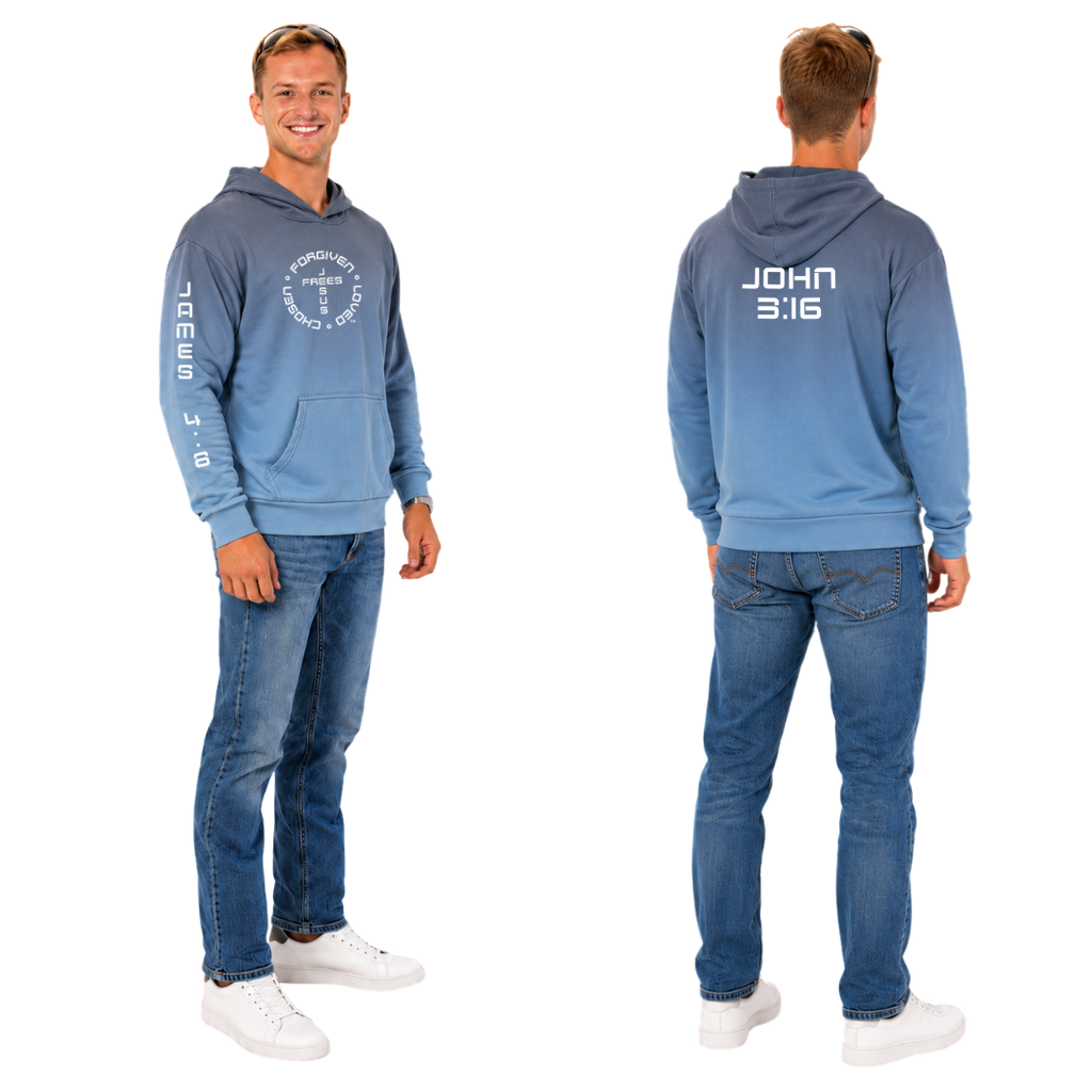 Jesus Frees™ Apparel | Men's Christian Scripture Hoodie Blue Ombre| Font 49 White