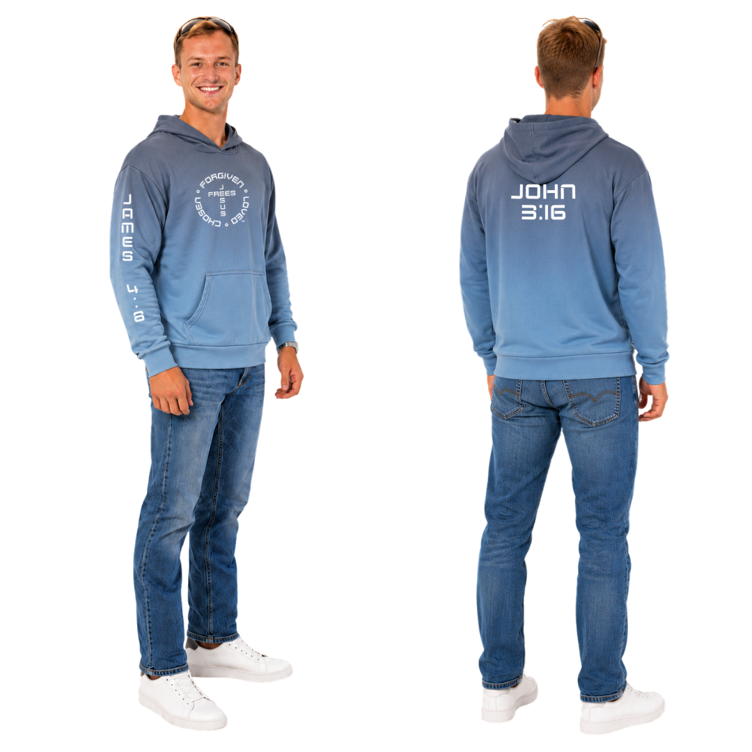 Jesus Frees™ Apparel | Men's Christian Scripture Hoodie Blue Ombre| Font 49 White