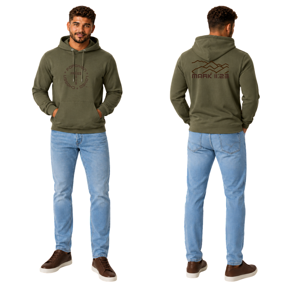 Jesus Frees™ Apparel | Men’s Military Green Scripture Hoodie | Montana Bridger Mountains | 50/50