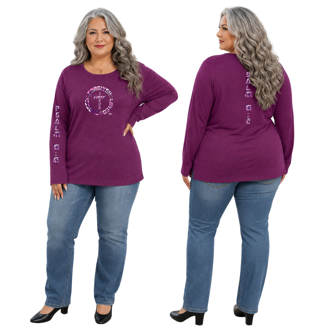 Jesus Frees - Joell Women's Long Sleeve Purple Heather Crew Neck Shirt - 153 Camo Purple / Pink