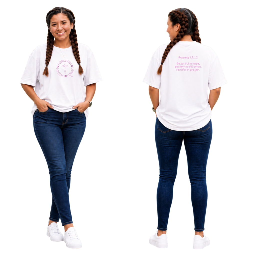 Jesus Frees - SICU Oversized Short Sleeve Women's Shirt - Font 303 White-Pink Romans 12:12