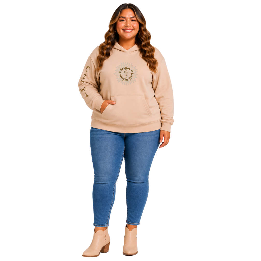 Jesus Frees™ Apparel | Women's Beige Long Sleeve Scripture Hoodie | Font 223 Brown | Tino