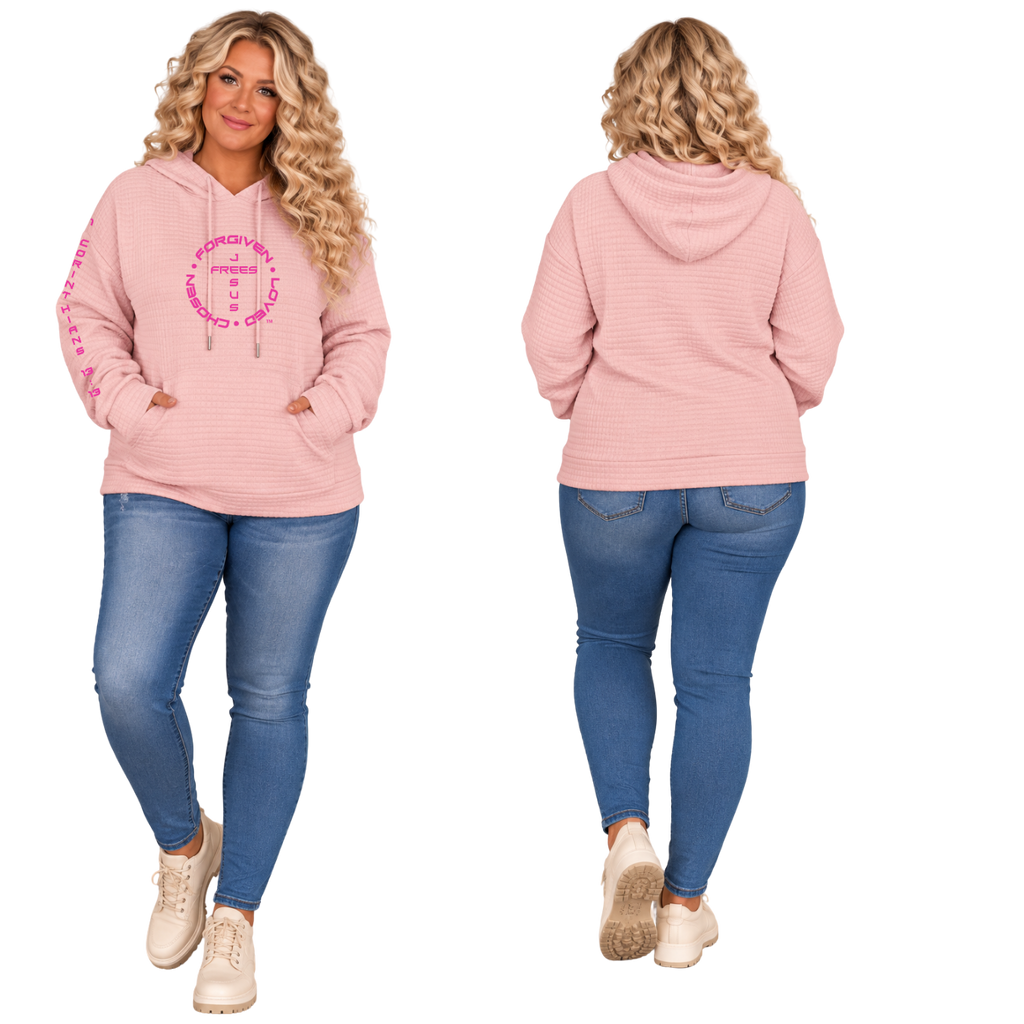 Jesus Frees™ Apparel | Women’s Plus Size Pink Waffle Scripture Hoodie | Font 143