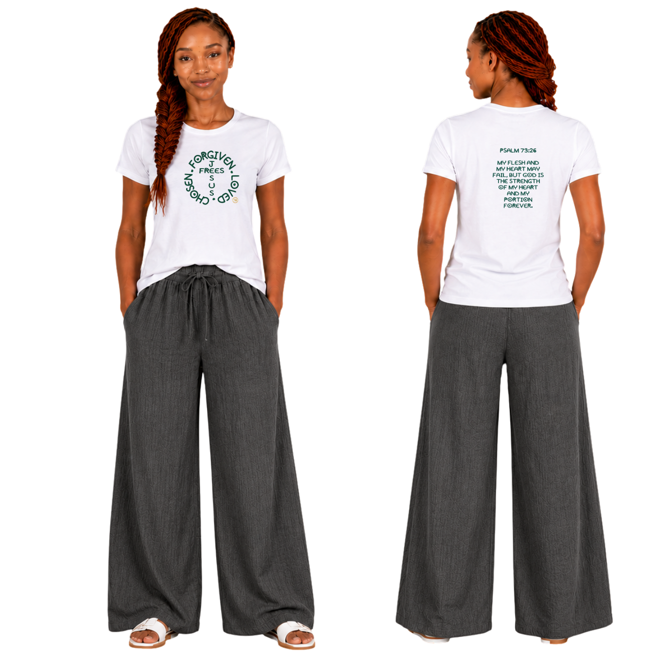 Jesus Frees - G64 Soft Style White Cotton Women's T-Shirt - Font 303 Dark Green