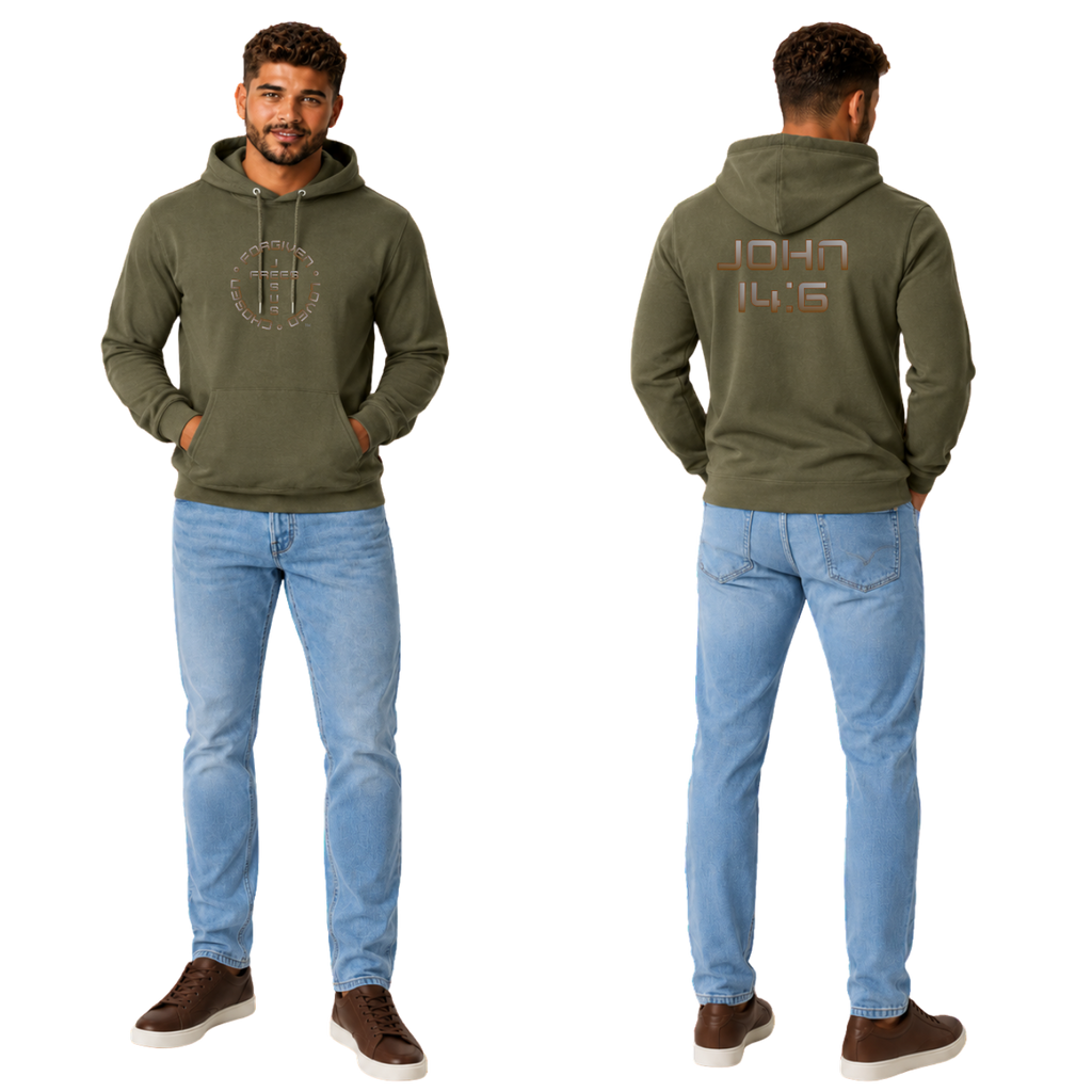 Jesus Frees™ Apparel | Men’s Military Green Scripture Hoodie | Brown Gray Fade Font 49 | 50/50