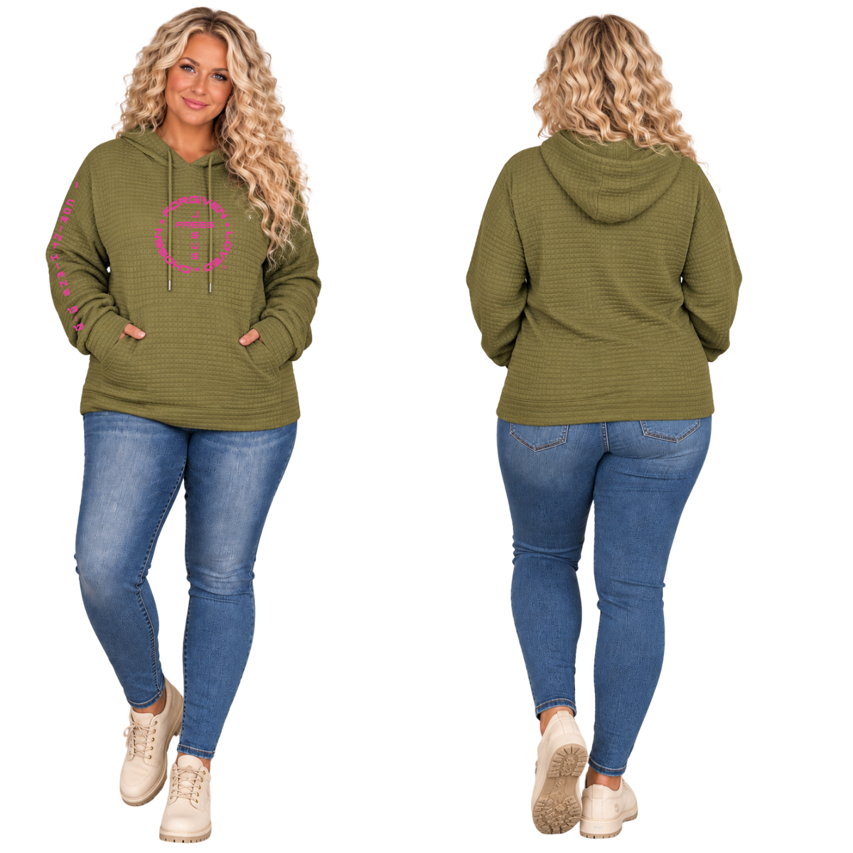 Jesus Frees™ Apparel | Women’s Plus Size Olive Waffle Scripture Hoodie | Font 143