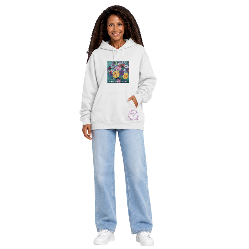 Jesus Frees™ Apparel | White Women's Scripture Hoodie | Flower Design | Font 49 | HA