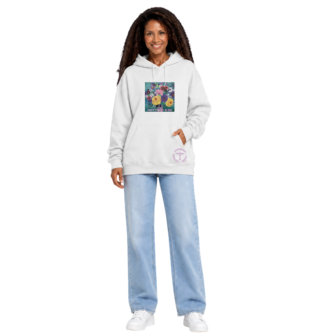 Jesus Frees™ Apparel | White Women's Scripture Hoodie | Flower Design | Font 49 | HA