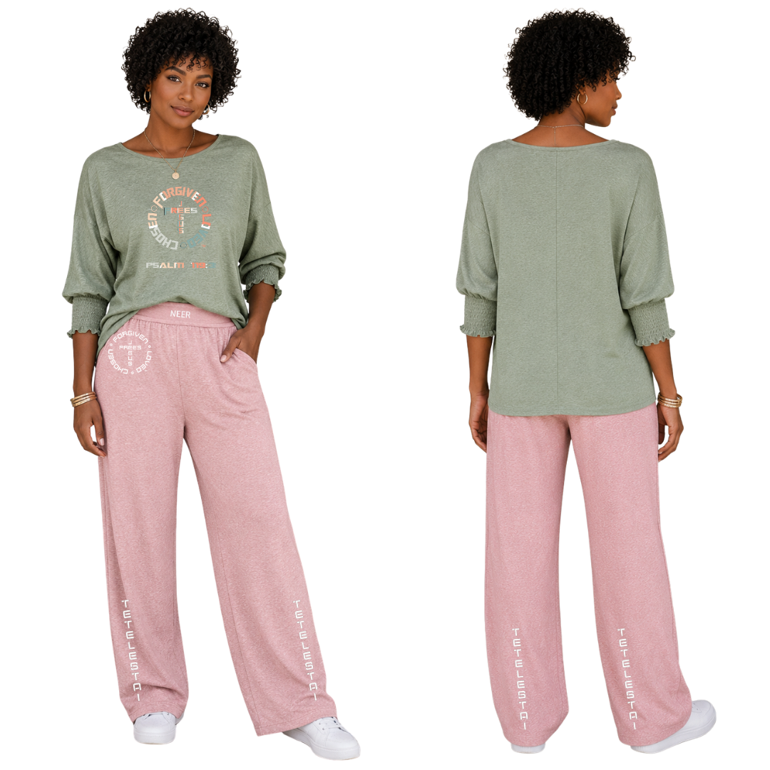 Jesus Frees - DK Women's Boat Neckline Pastel Green 3/4 Elastic Cuff - Font 153 Vertical Pastel