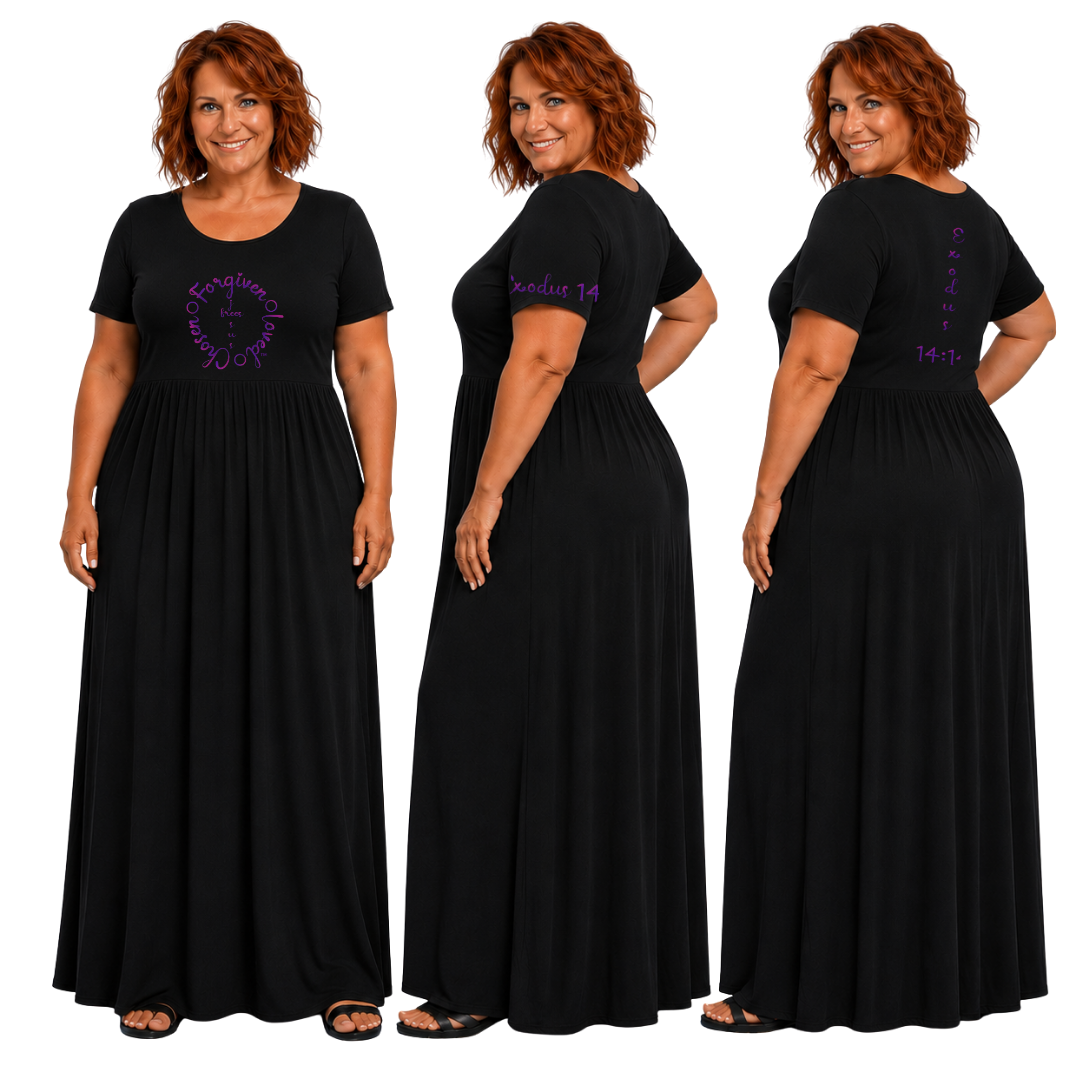 Jesus Frees - Long Maxi Dresses with Pockets - Short Sleeve - Font 223 Purple