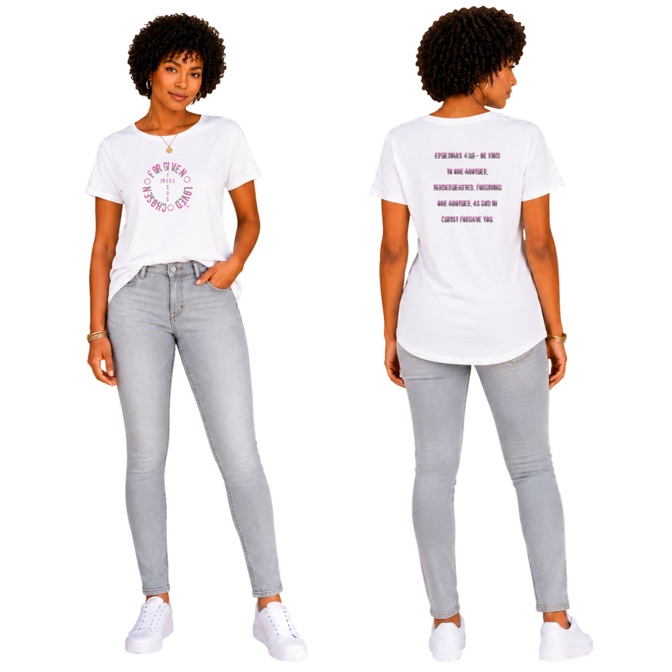 Jesus Frees - G64 Soft Style White Cotton Women's T-Shirt - Font 60 Pink Gray Fade