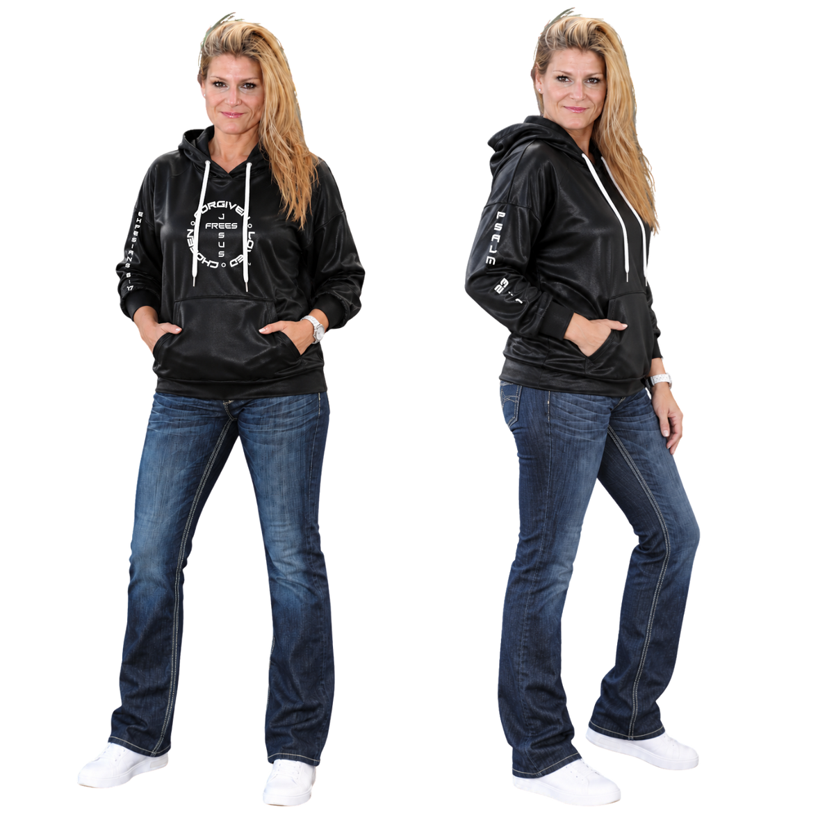 Jesus Frees™ Apparel | Women’s Black Shiny Scripture Hoodie | Font 143 | Fis
