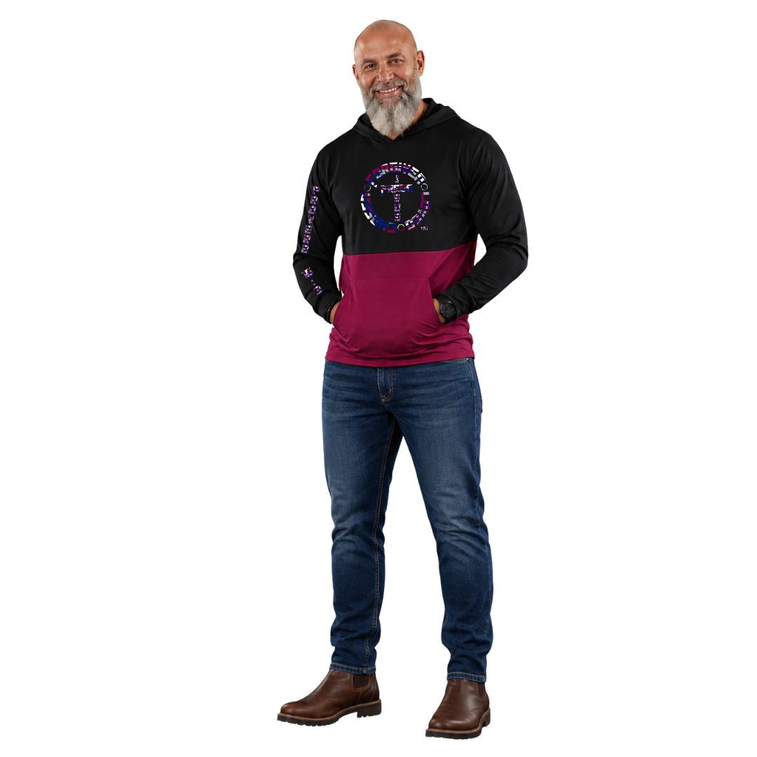 Jesus Frees™ Apparel | AE Men's Christian Scripture Mesh Hoodie | Font 153 Navy-Burgundy Camo