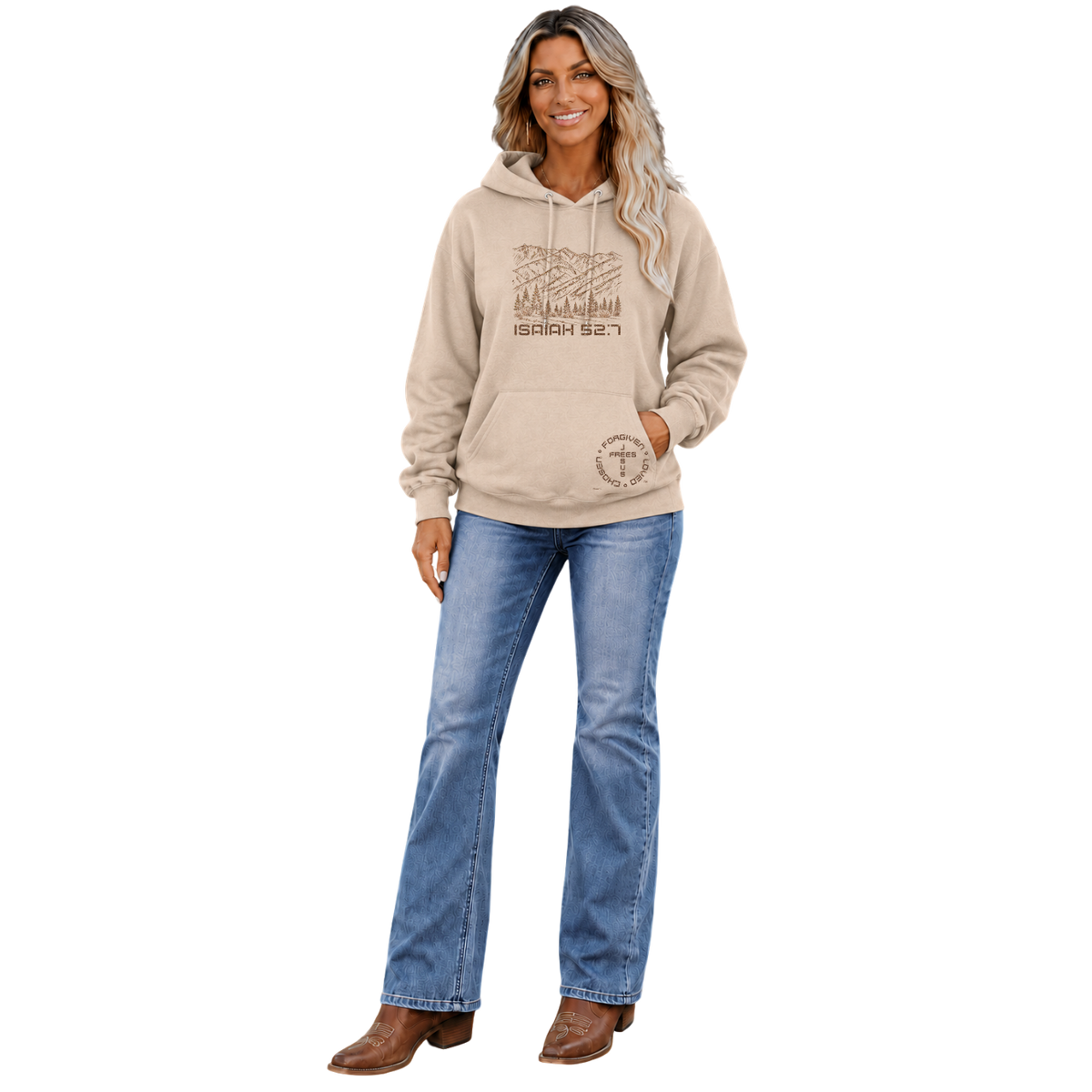 Jesus Frees™ Apparel | Women’s Sand Scripture Hoodie | Montana Mountains | Super Sparkle Font 49