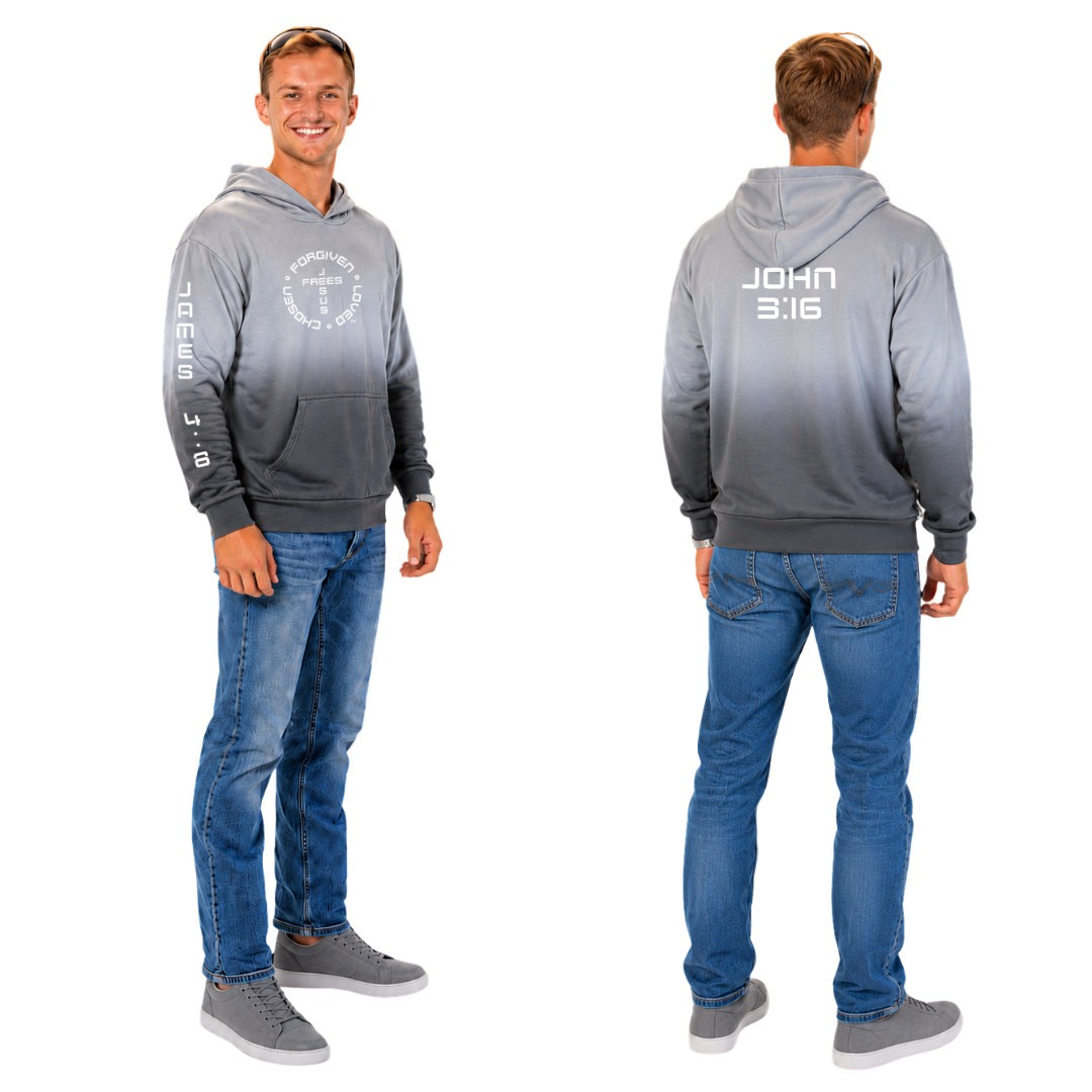 Jesus Frees™ Apparel | Men's Christian Scripture Hoodie Gray Ombre| Font 49 White