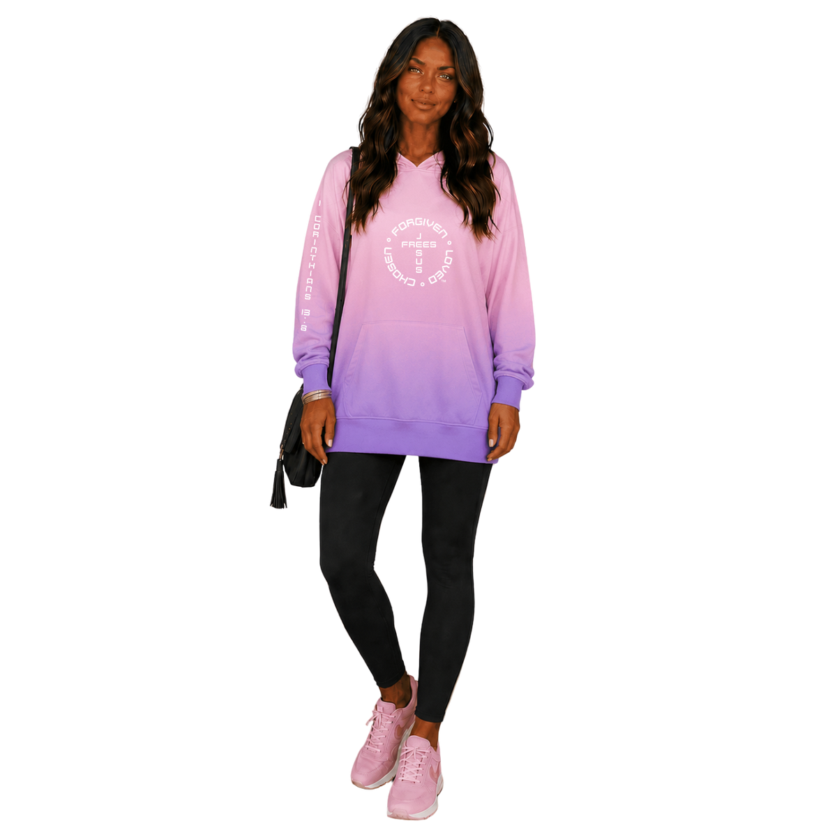 Jesus Frees™ Apparel | Women's Christian Scripture Hoodie Purple Ombre| Font 49 White