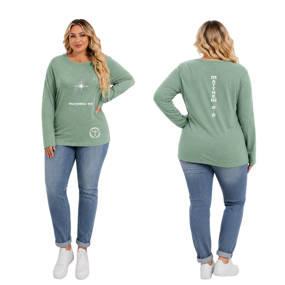 Jesus Frees - Joell Women's Long Sleeve Pastel Green Heather Crew Neck Shirt - 153 Star of Bethlehem
