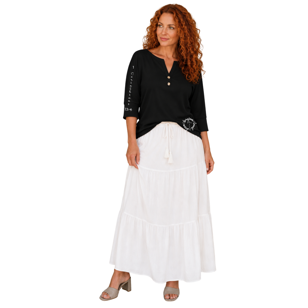 Jesus Frees™ Apparel | Women's Black Long Sleeve Scripture Shirt | 223 White