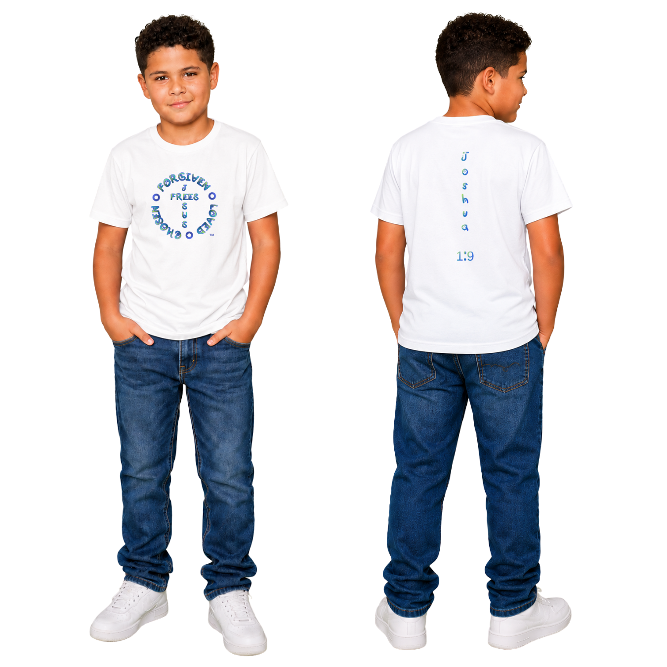Jesus Frees - Kids 100% Cotton T-Shirts Boys - Font 97 Paws - Blue Fade