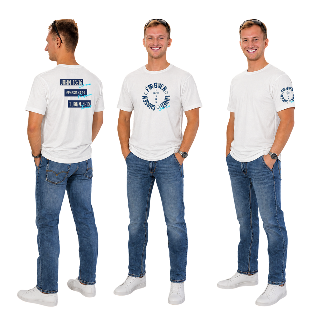 Jesus Frees™ Apparel | G64 Men's White Cotton Christian Tee | Free-Chosen-Forgiven-Loved | Font 60 Navy