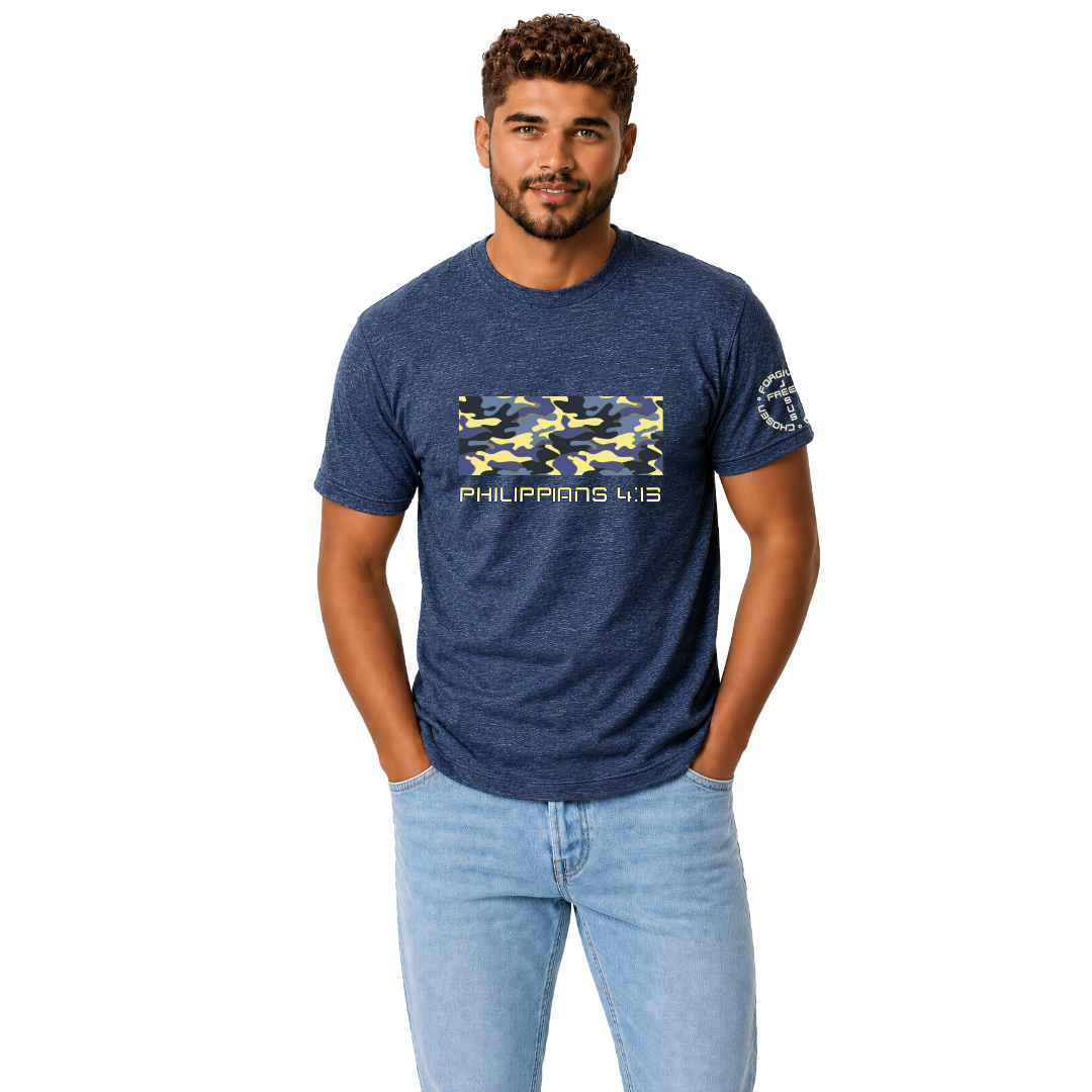Jesus Frees - G20 Camo Blue Yellow Men's T-Shirt - Font 49 Yellow - Philippians 4:13