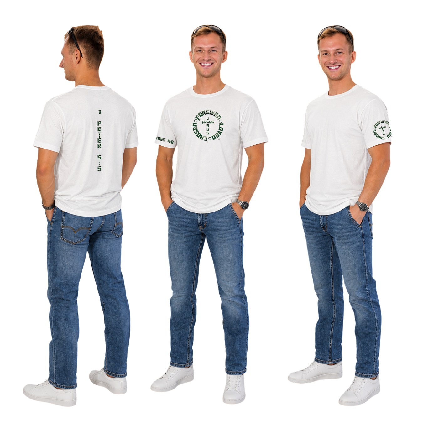 Jesus Frees - G64 Soft Style White Cotton T-Shirt - Font 153 Green Camo