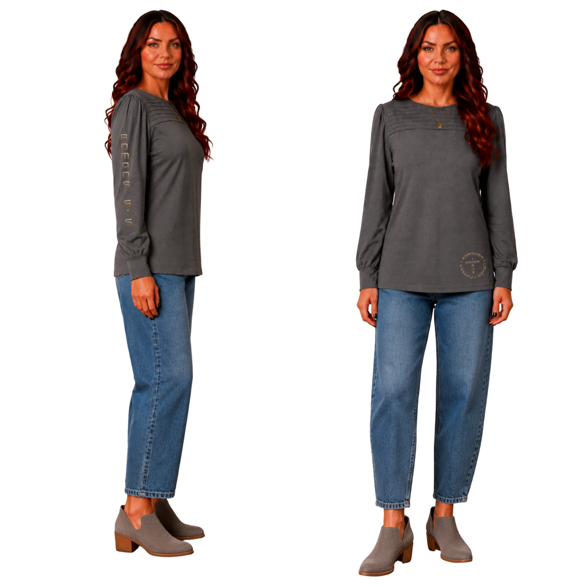 Jesus Frees™ Apparel | Women's Gray Long Sleeve Dressy Scripture Shirt | Font 49 Brown Gray Fade | XD